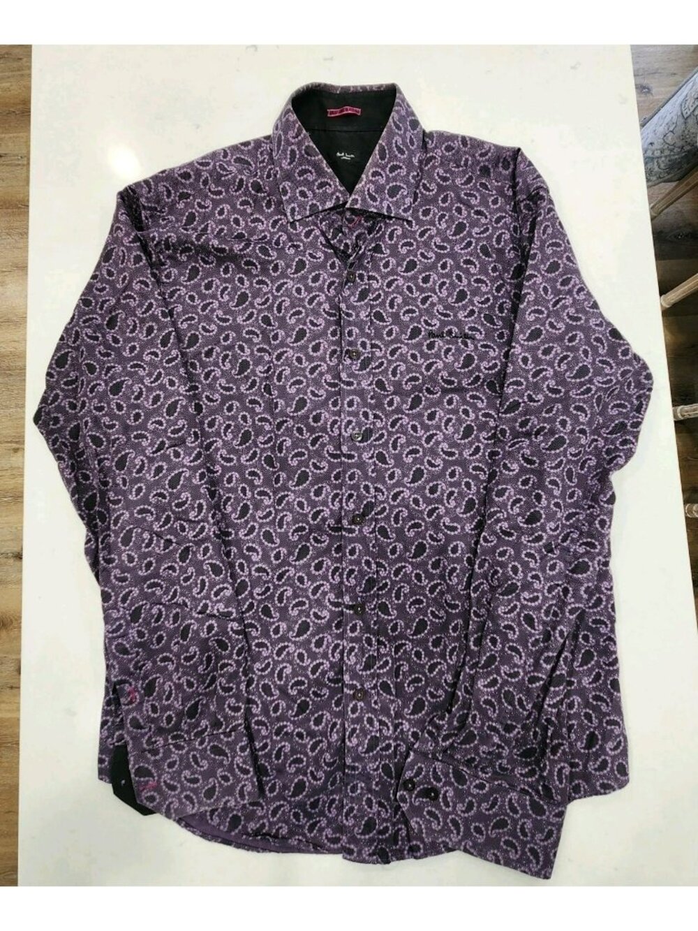 Vintage Paul Smith Dress Shirt Mens 17 43 Purple Paisley Print Designer Italy